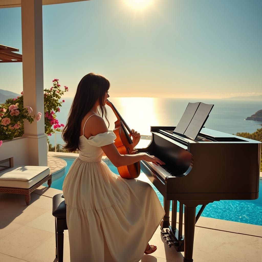 Young Woman Plays Piano in Luxurious Mediterranean Villa