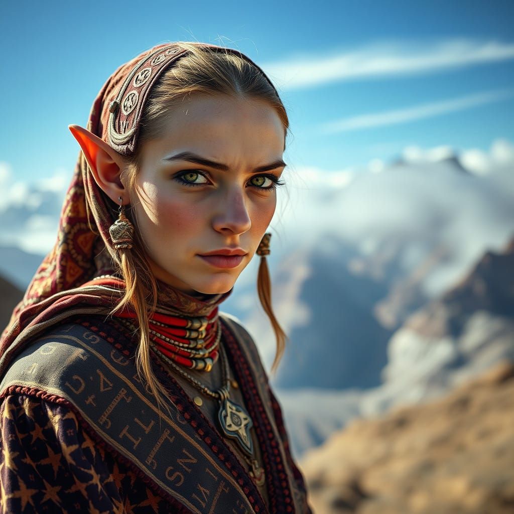 Elf Woman in Majestic Mountain Landscape