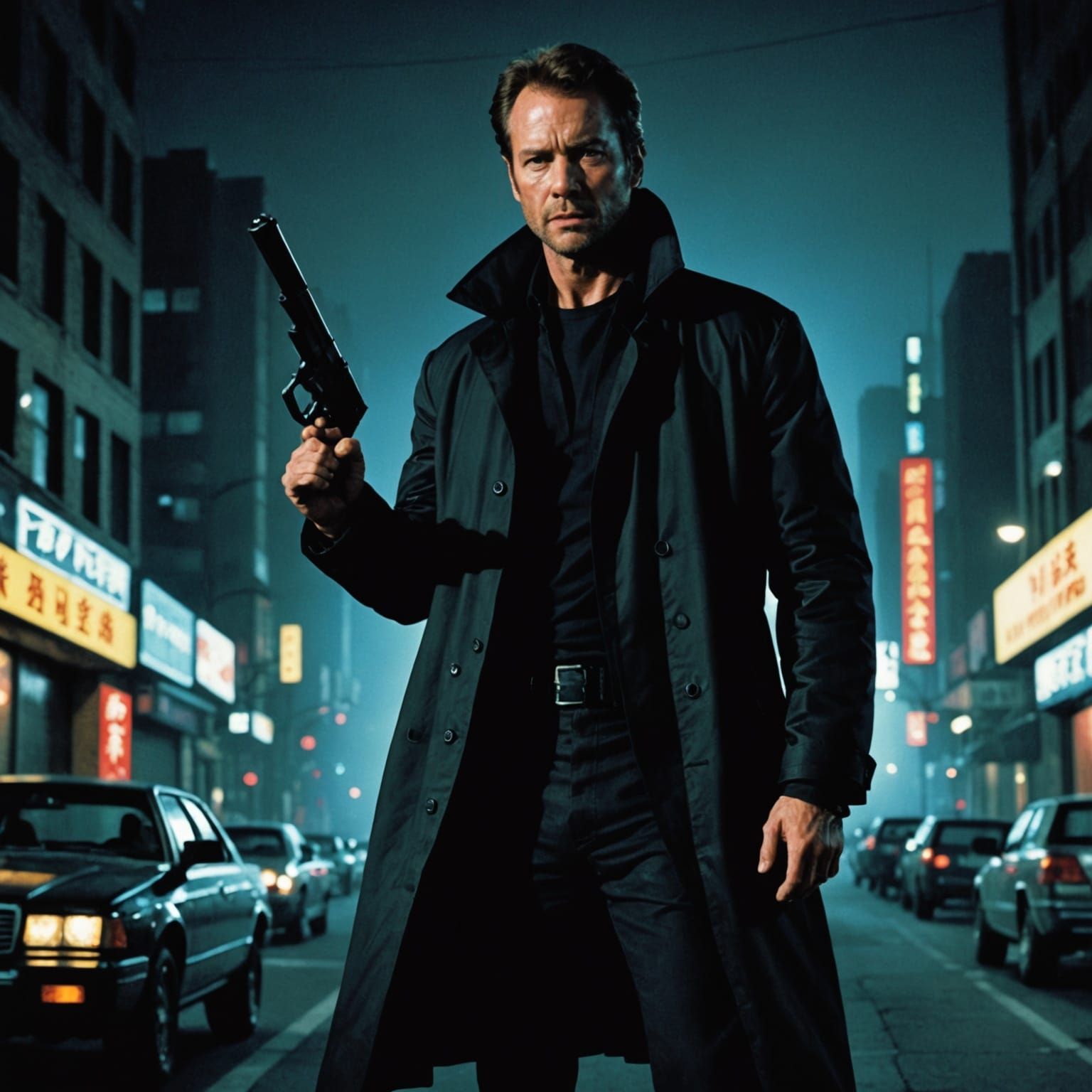 Dark Action Thriller Poster in Cyberpunk Aesthetic