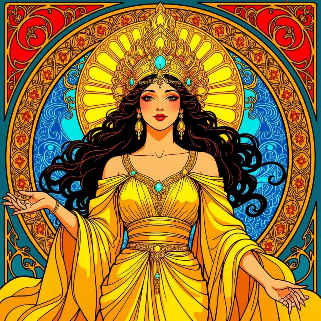 Radiant Sun Goddess in Art Nouveau Style