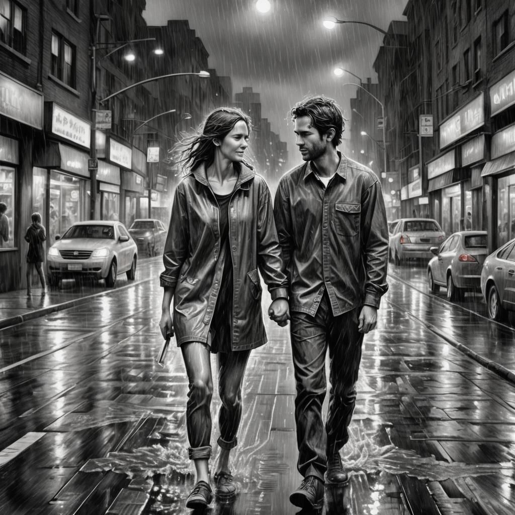 Romantic Couple Caught in Summer Rain: Pencil Sketch