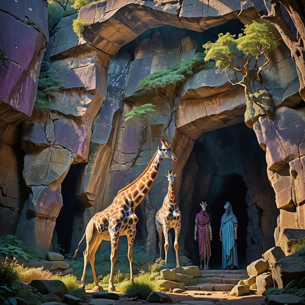 Giraffe Guards Cave Entrance with Emerging Figures