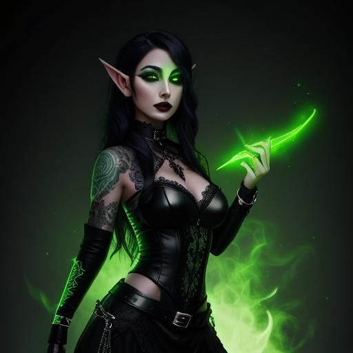 Dark Elf Witch with Green Tattoos