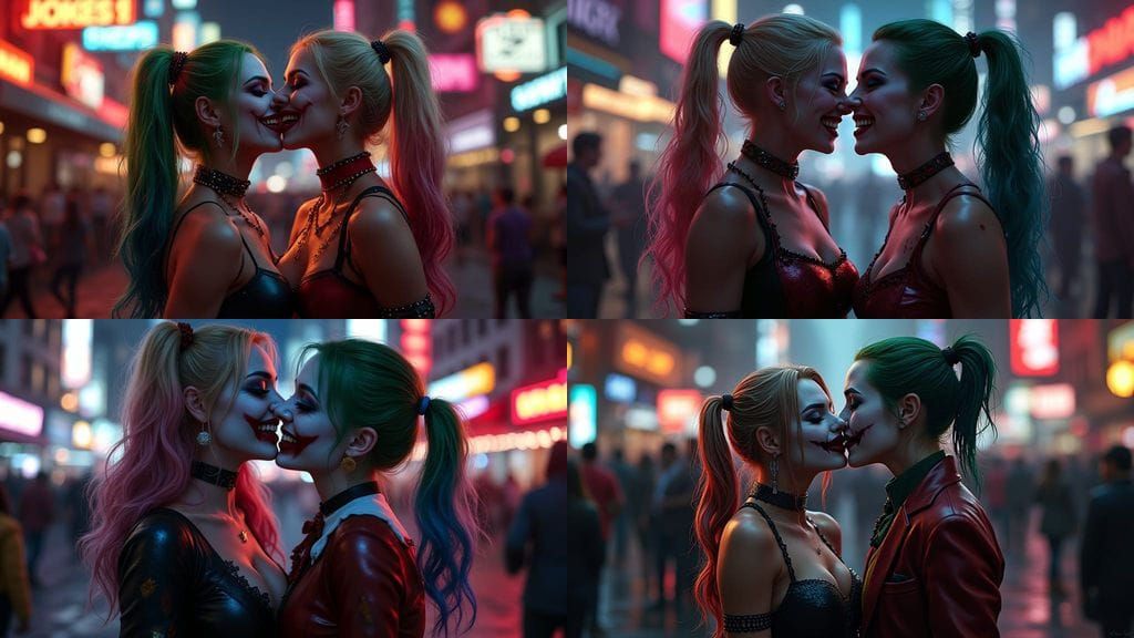 Harley Quinn and Joker Embrace in Comic Art Style