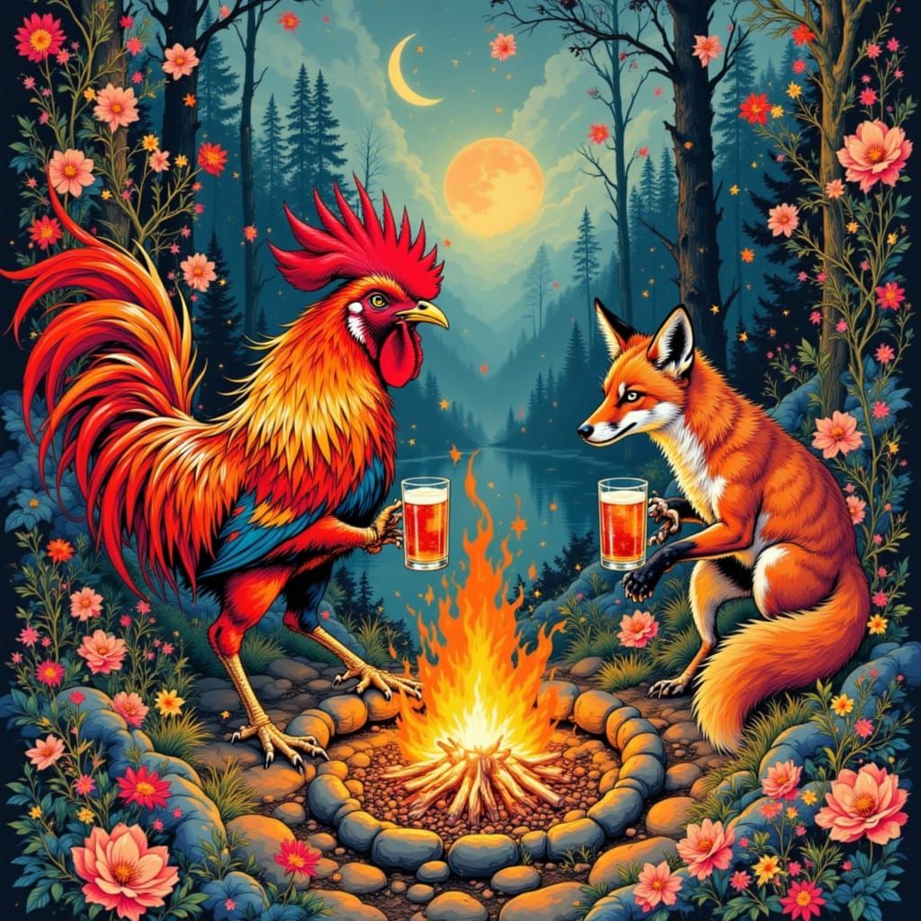 Rooster and Fox Share Campfire, Ethereal Style