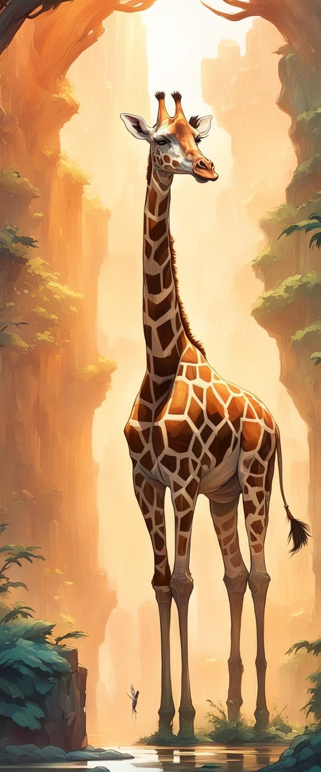 Giraffe and Tiny Friend: Detailed Concept Art