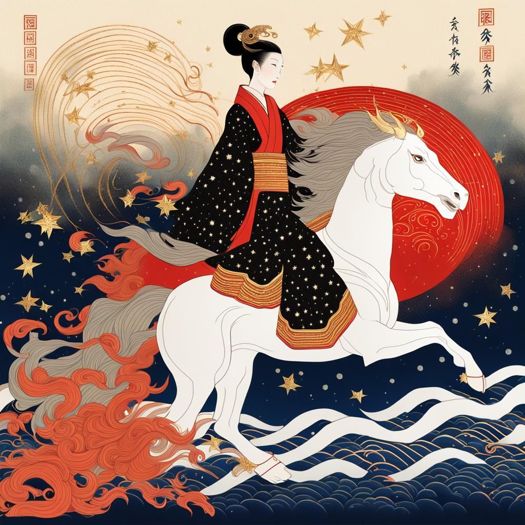 Woman Rides Kirin in Night Sky, Erte Style