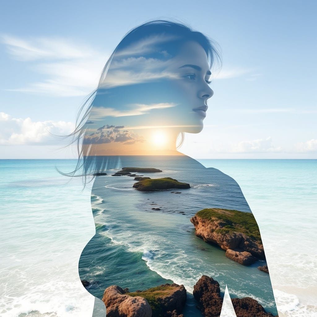 Double Exposure of Crocodile Woman in Breathtaking Sea Lands...