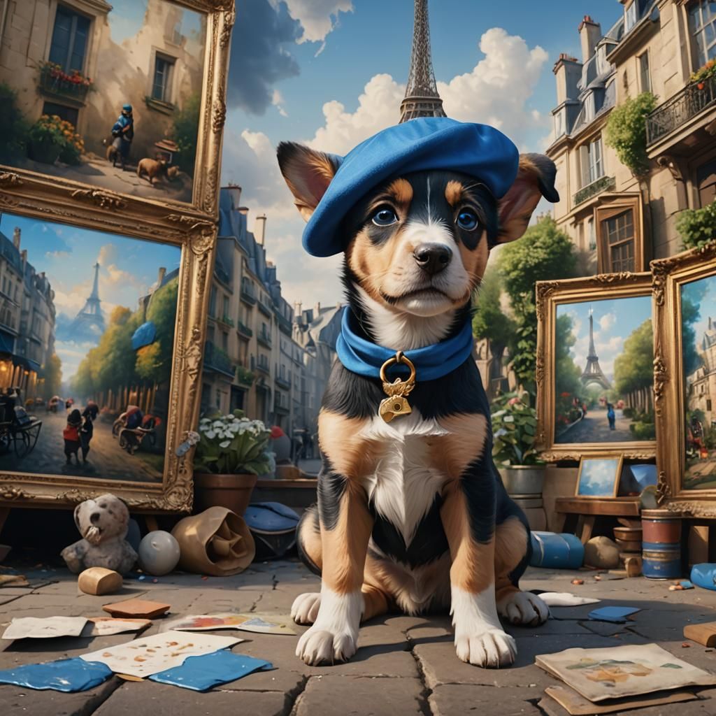 Puppy Artist in Paris, Detailed Matte Painting