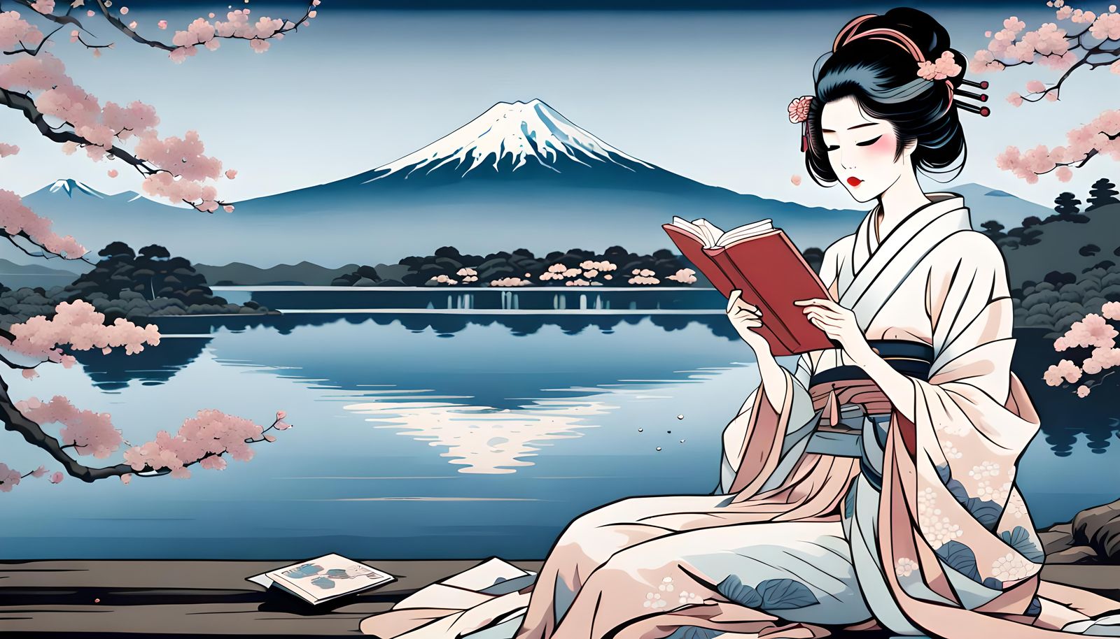 Ukiyo-e Geisha Reading Under Sakura Tree