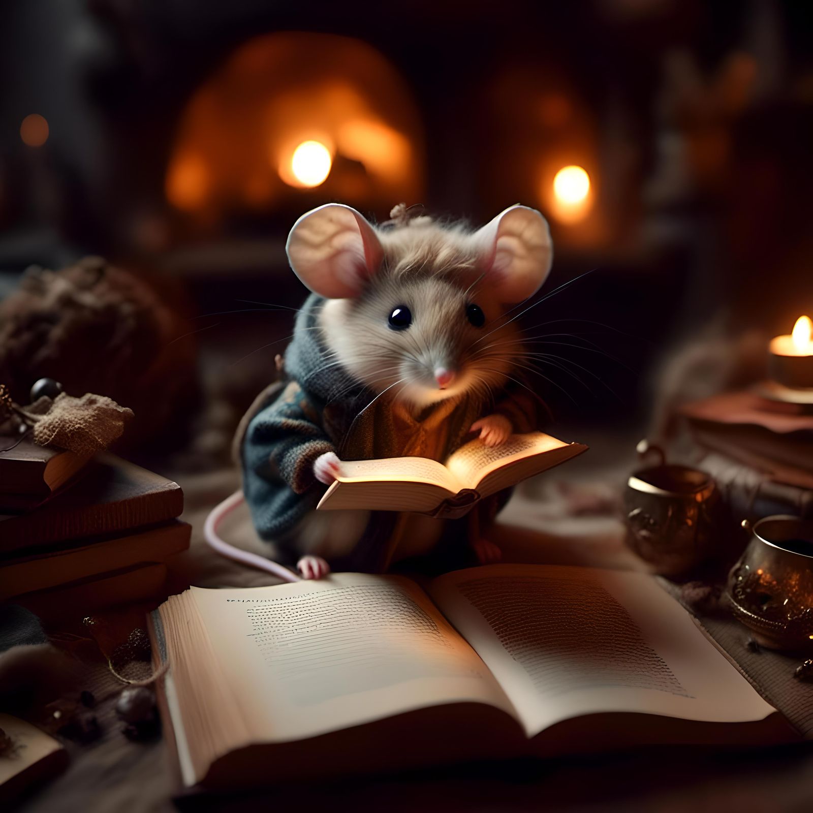 Cozy Mouse Home Reading, Hyperrealistic Illustration