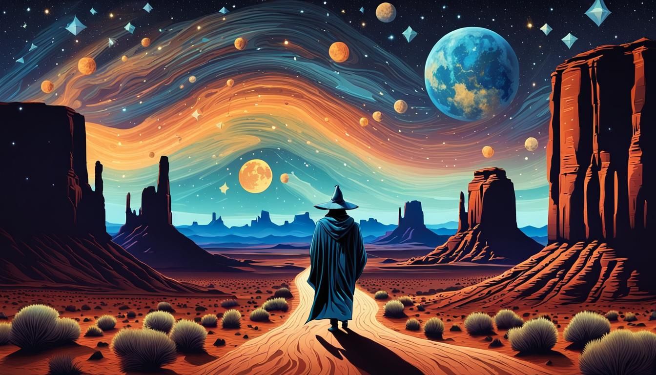 Wizard in Monument Valley Under Cosmic Sky