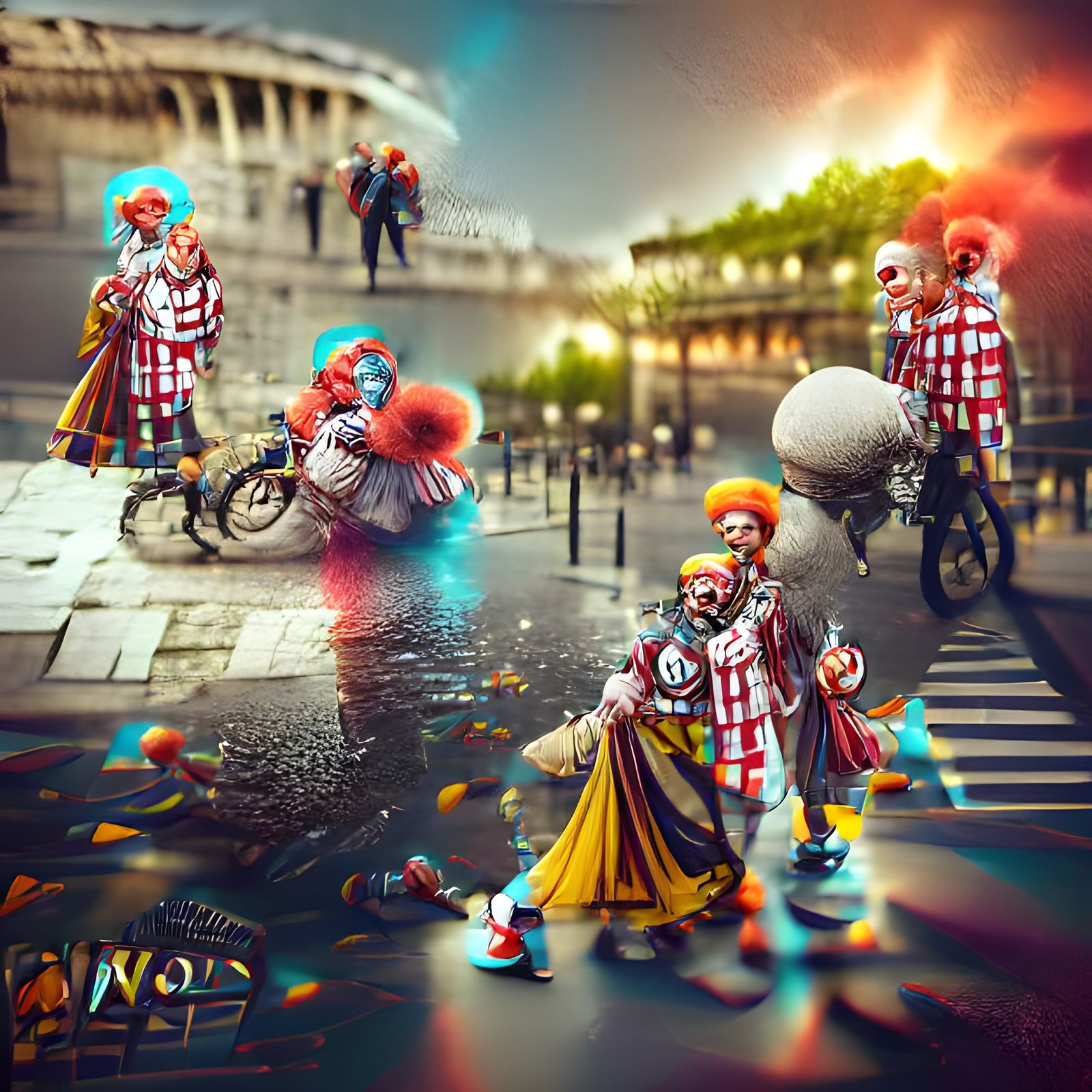 Clowns Visit Paris: 8K 3D Photoillustration