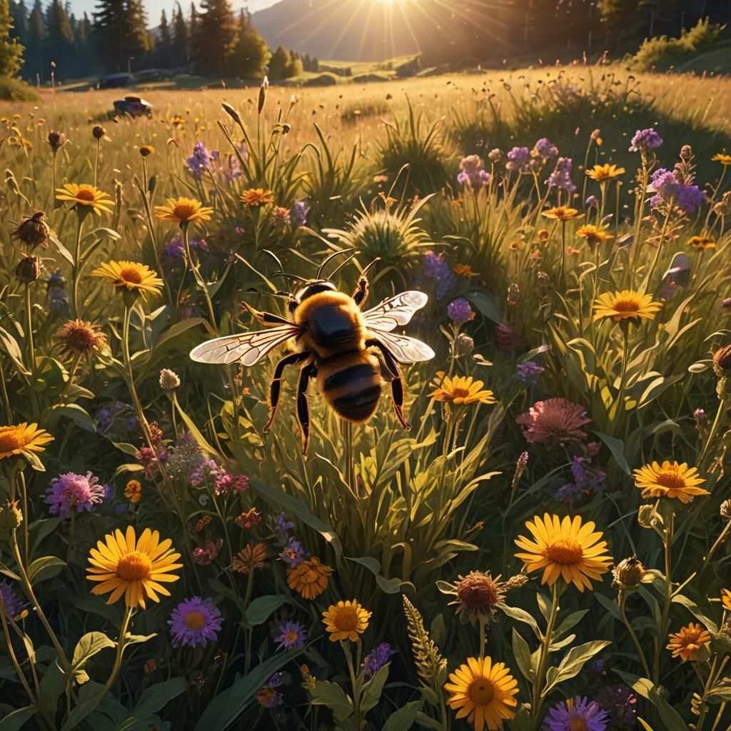 Bee and Spider Merge in Sun-Drenched Meadow