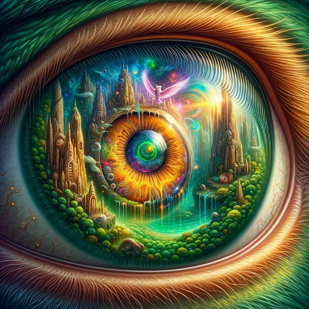 Owl's Eye Reflecting a Surrealist Dream World