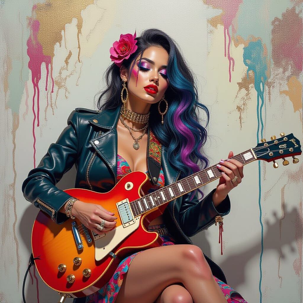 Woman Playing Guitar with Surreal Paint Hair
