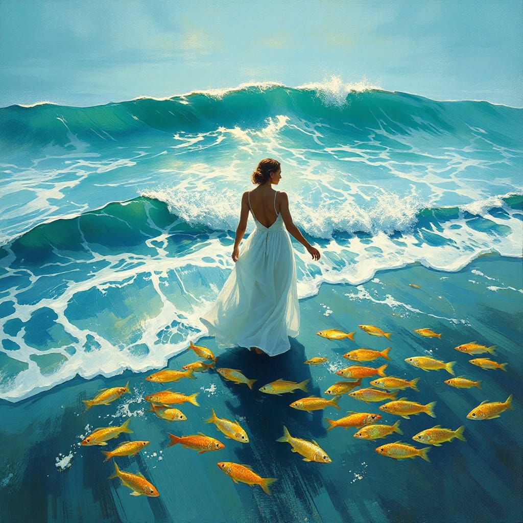 Woman and Fish in Impressionist Ocean Scene