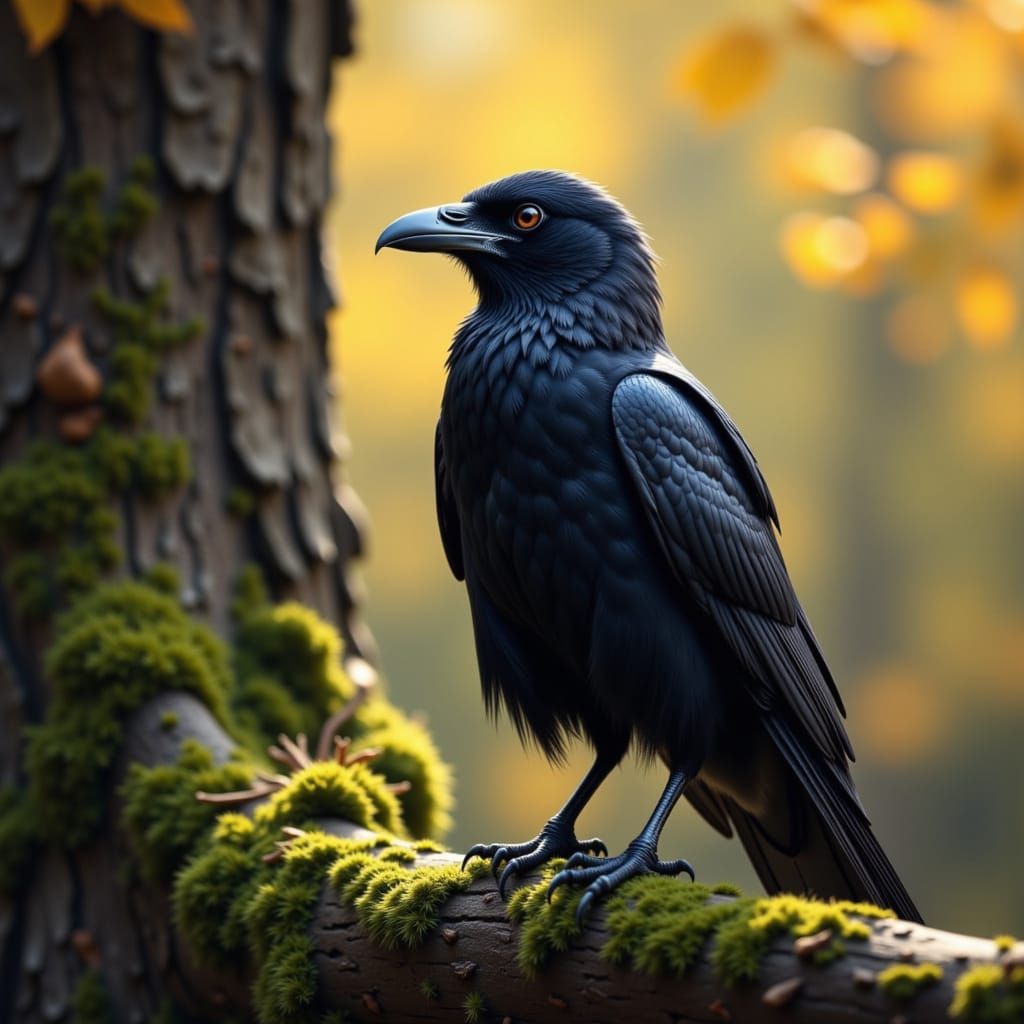 Glossy Black Raven on Mossy Treestrunk