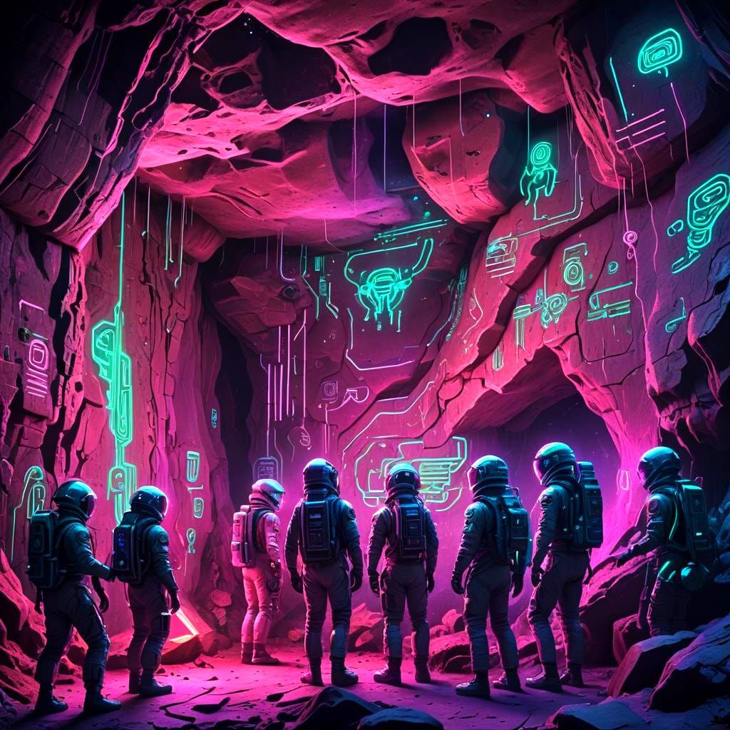 Futuristic Cave Hieroglyphs in Cyberpunk Style