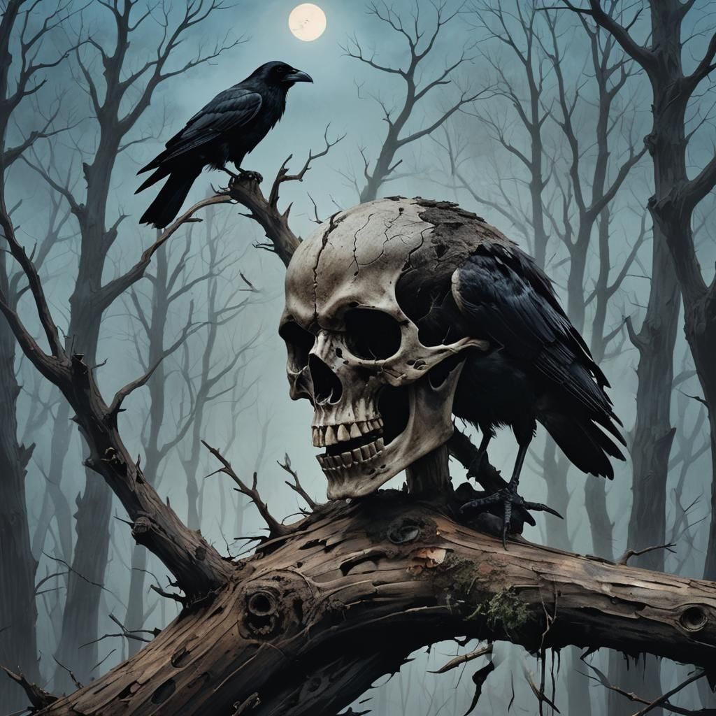 Crow Skull in Dead Forest: Horror Illustration