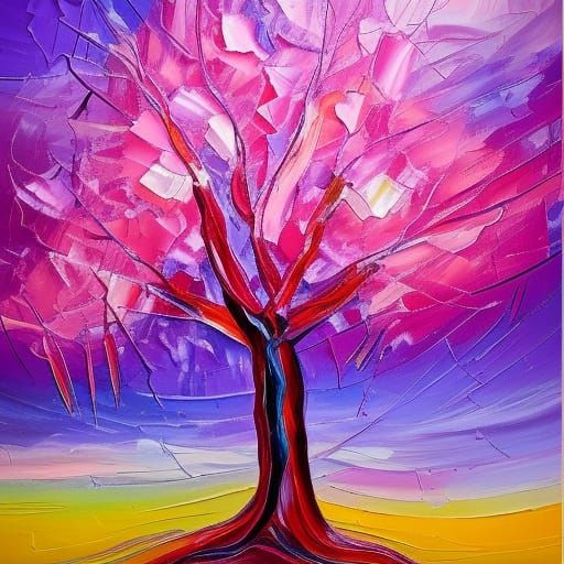 Pink Lightning Tree: Neo-Impressionist Expressionist Oil Pai...