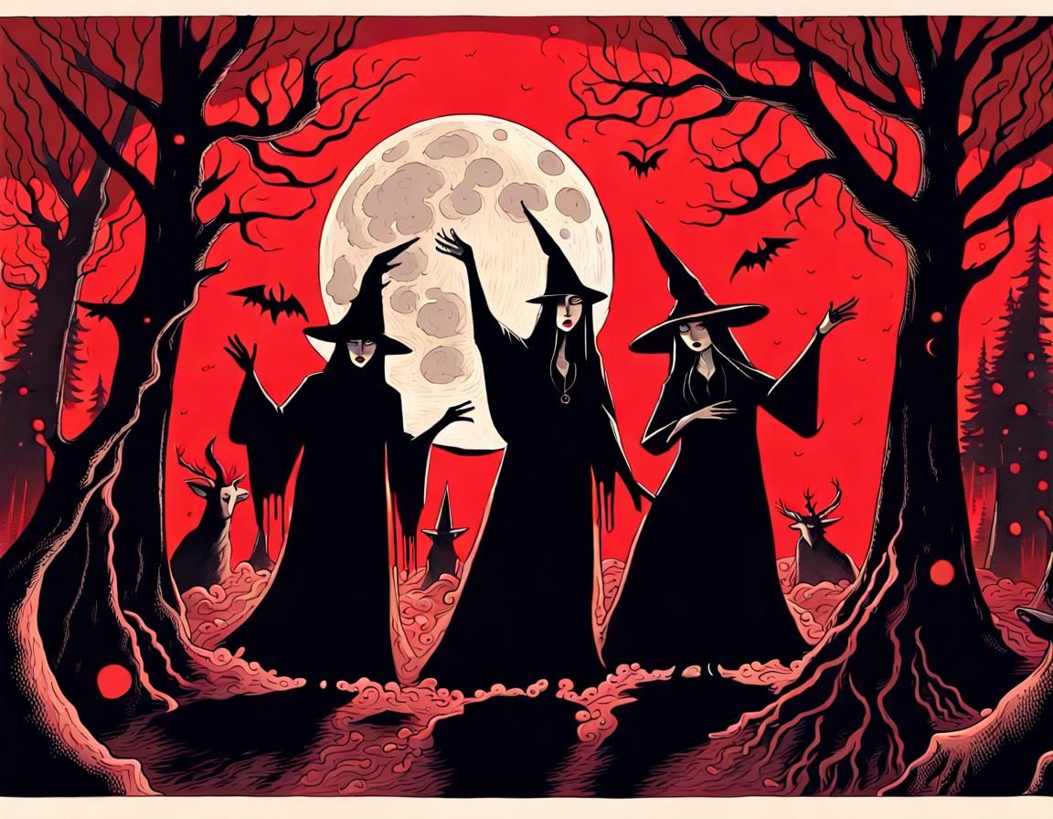 Witch Coven Dance Under the Blood Moon