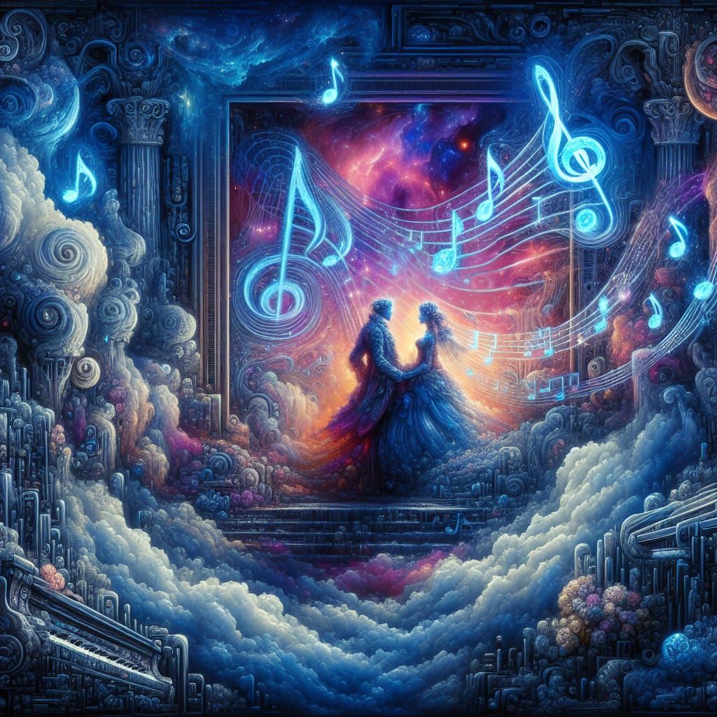 "Magic realism depicts an entity and quiddity intertwined amidst a Paris galactic thunderstorm, vibrant neon colors clas...