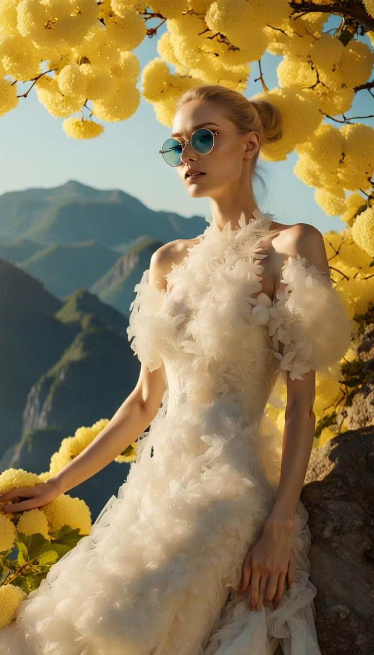 Woman in Floral Dress with Mountain View