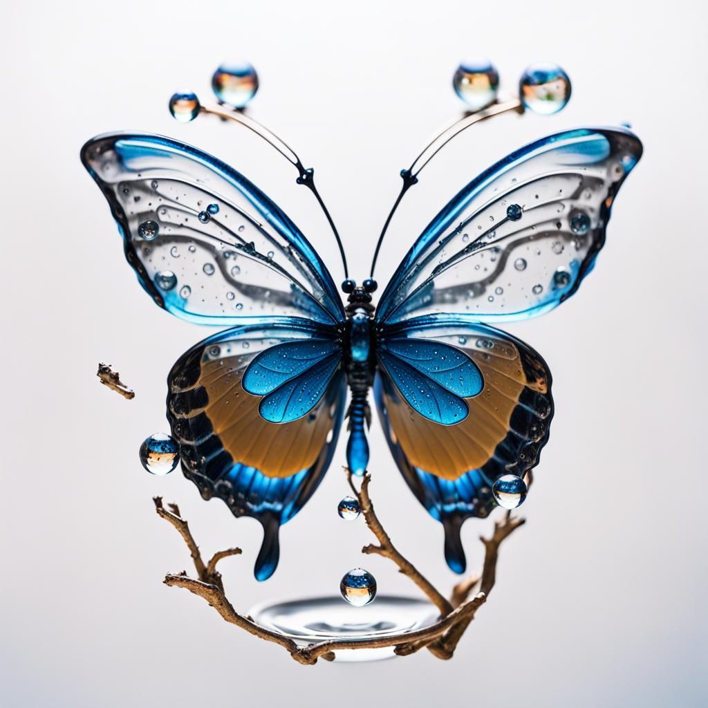 Bright Blue Glass Butterfly with Water Droplets