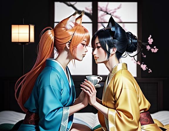 Romantic Kitsune Kissing in Manga Style Bedroom