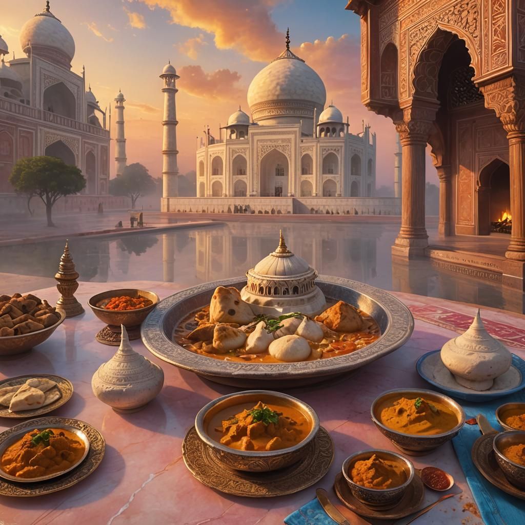 Taj Mahal Sunset with Curry, Photorealistic 3D Render