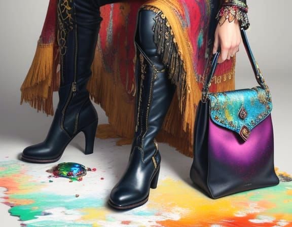 Vibrant Oil Painting of Boho Chic Boots and Bag