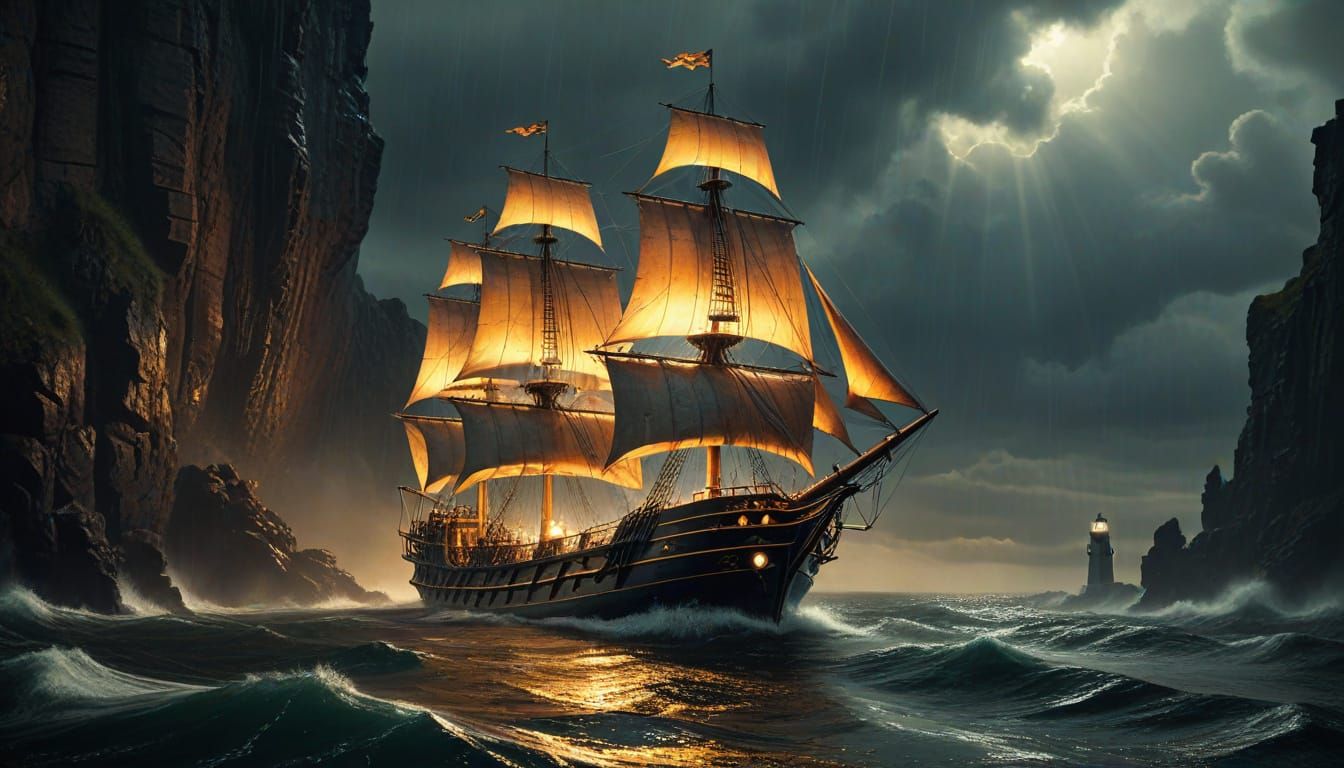 Steampunk Sailship Approaches Lighthouse in Cinematic Realis...
