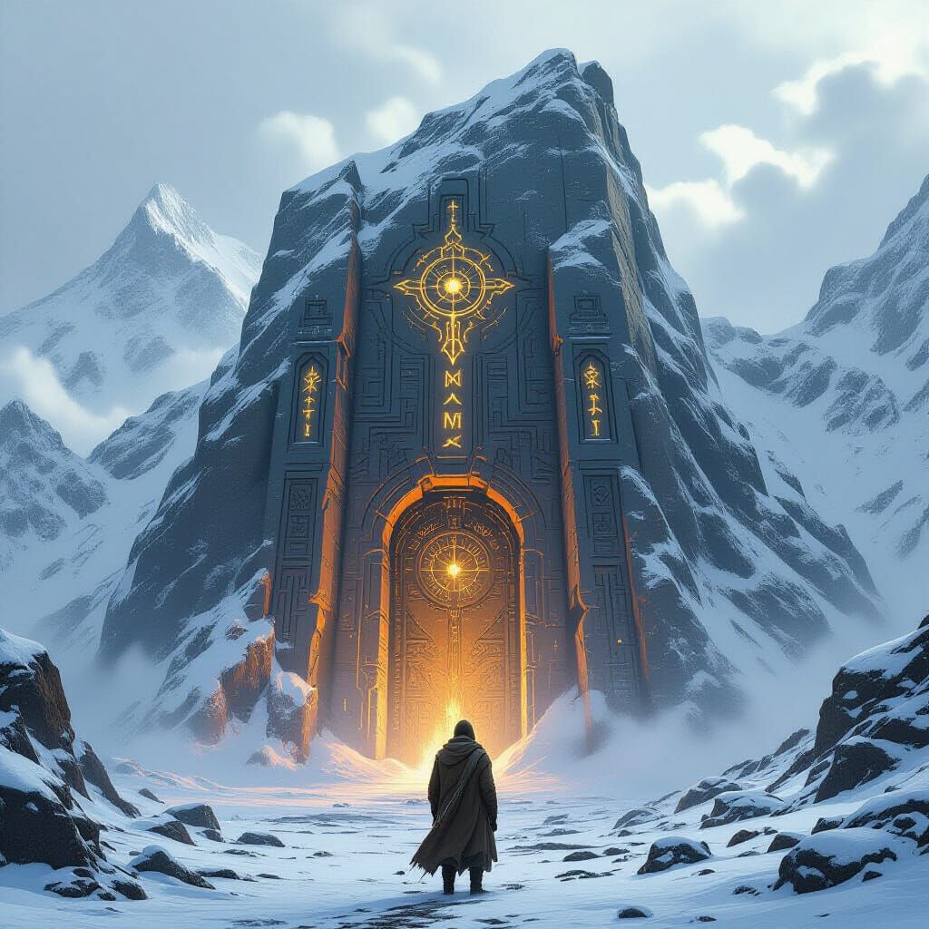 Colossal Doorway with Lone Wanderer in Rugged Landscape