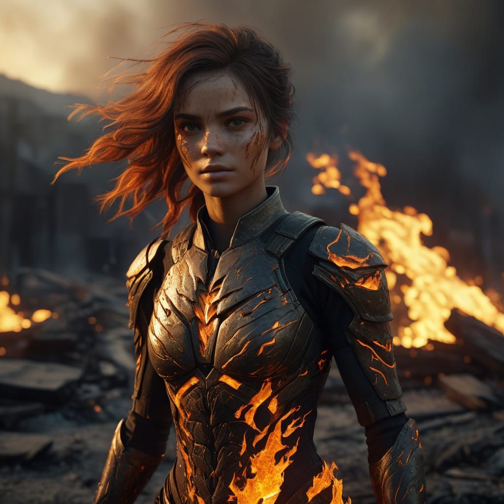 Confident Fire Elemental Woman in a Smoldering Landscape