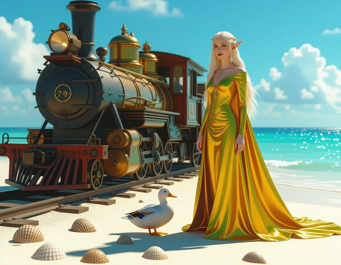 Galadriel in Steampunk Setting with Duck, 3D Render