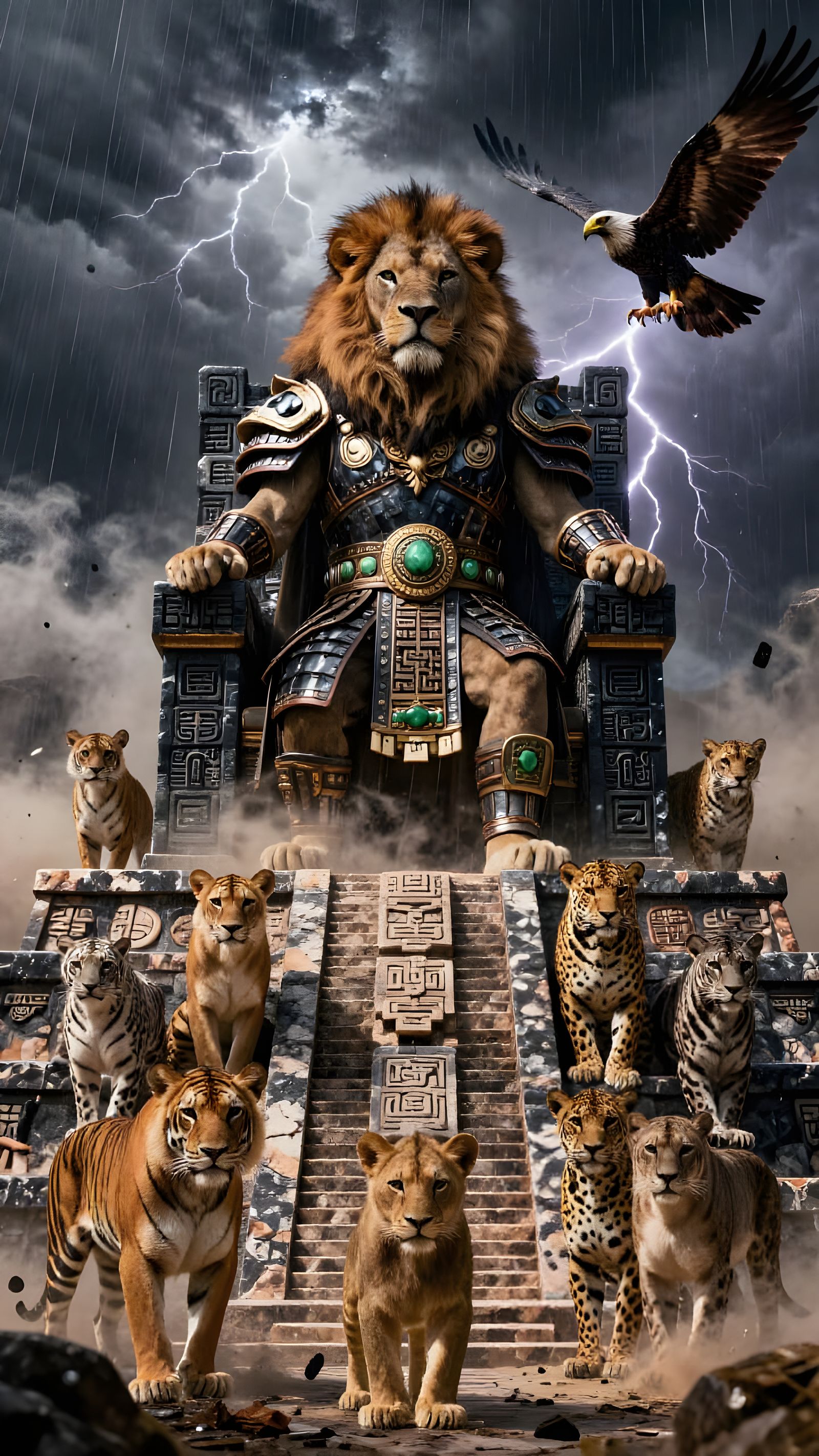 Lion King of Mayan Pyramid with Feline Court