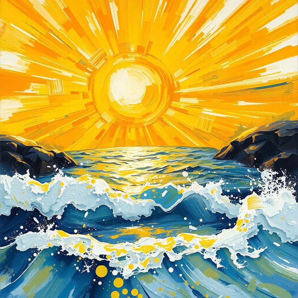 Golden Sun Over River: Impasto Gouache Painting