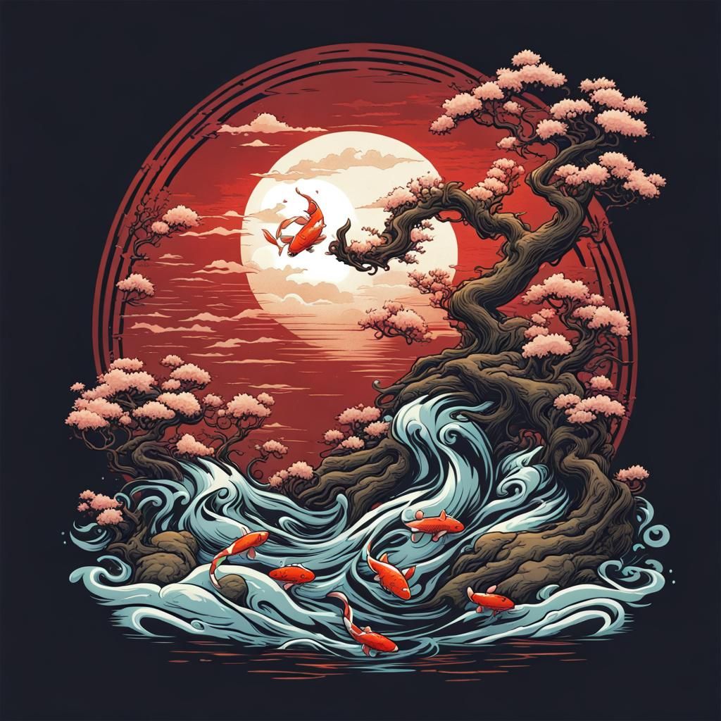 Koi Bonsai T-Shirt Design in Comic Book Style
