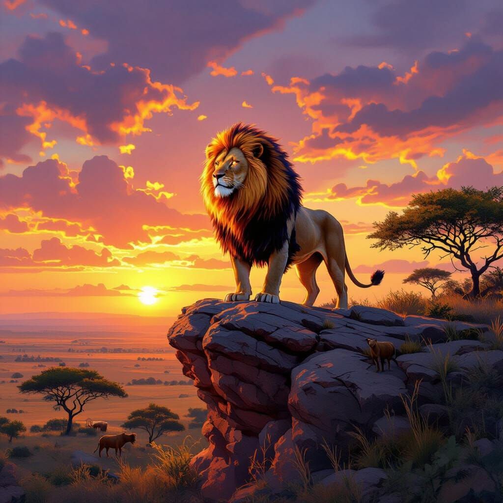 Lion with Fiery Mane Overlooking Savanna at Sunset