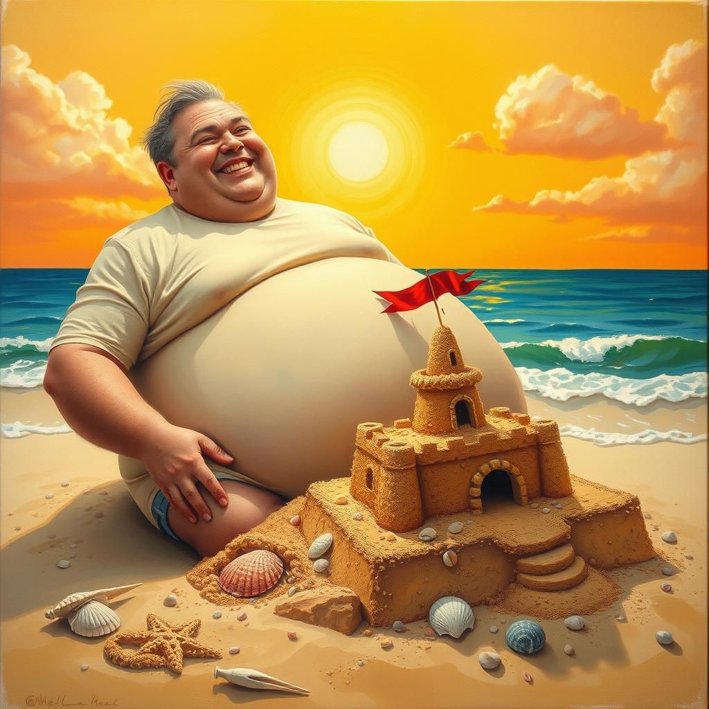 Humorous Beach Scene with Sandcastle, Oil Painting