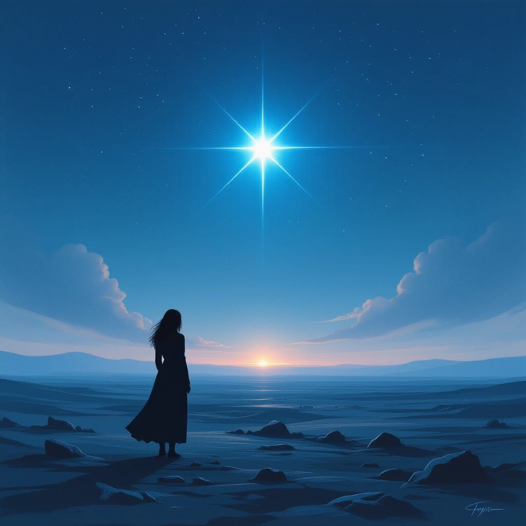 Woman Gazes at Distant Pulsing Star in Ethereal Twilight