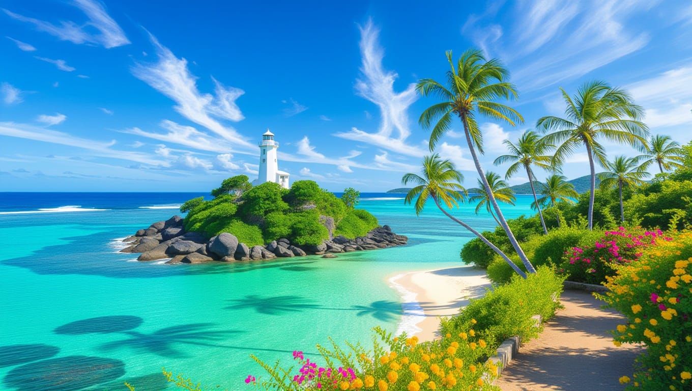 Tropical Island Oasis with Azure Skies and Shimmering Waters