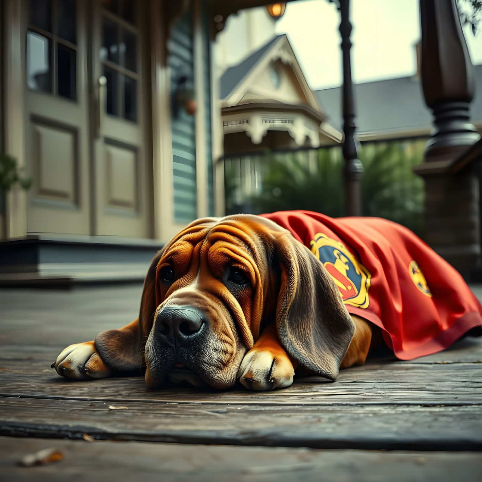 Relaxed Canine Hero Lounges on Victorian Porch