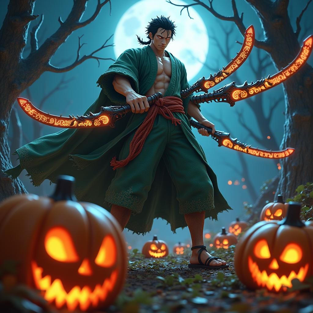 Zoro in Moonlit Pumpkin Patch with Halloween Swords