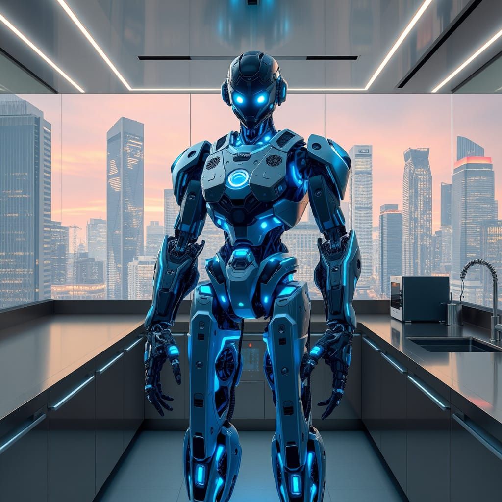 Futuristic Robot Servant in Modern Cityscape