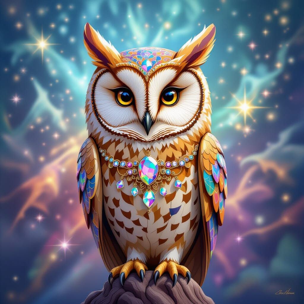 Intricately Carved Wooden Owl with Holographic Background