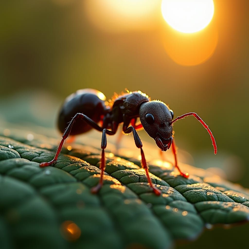 Detailed Brainy Ant on Dewy Leaf in Cinematic Style