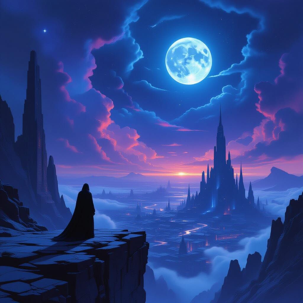 Ethereal Figure Overlooking Alien Cityscape