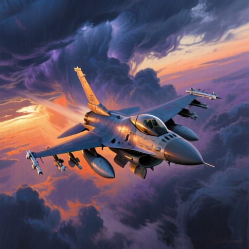 F-16 Fighter Jet Soars Through Stormy Dusk Sky